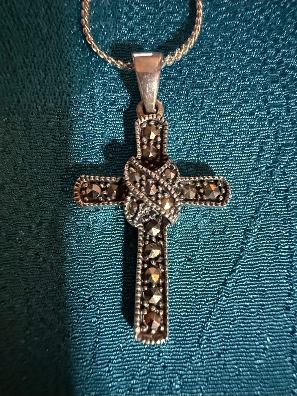 Sterling Silver Marcasite Cross Pendant Necklace - Black